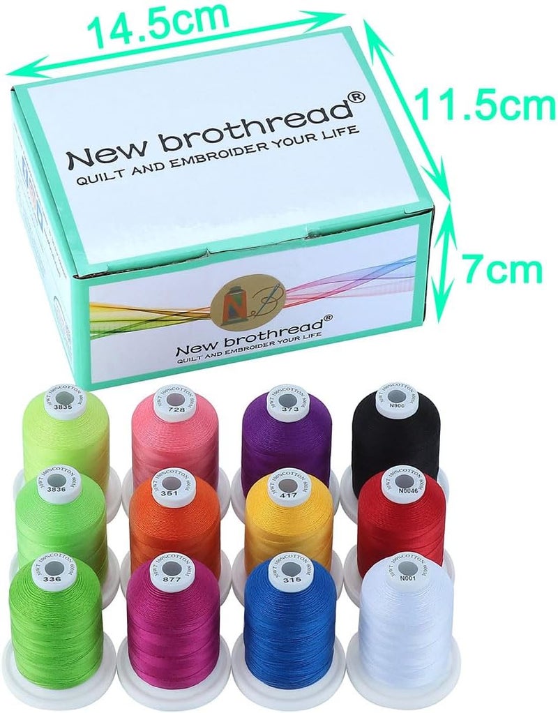 New brothread - 18 Options - Multi-Purpose 100% Mercerized Cotton Threads 50S/3 600M(660Y) Each Spool for Quilting, Serger, Sewing and Embroidery - 12 Bright Colors - Image 2